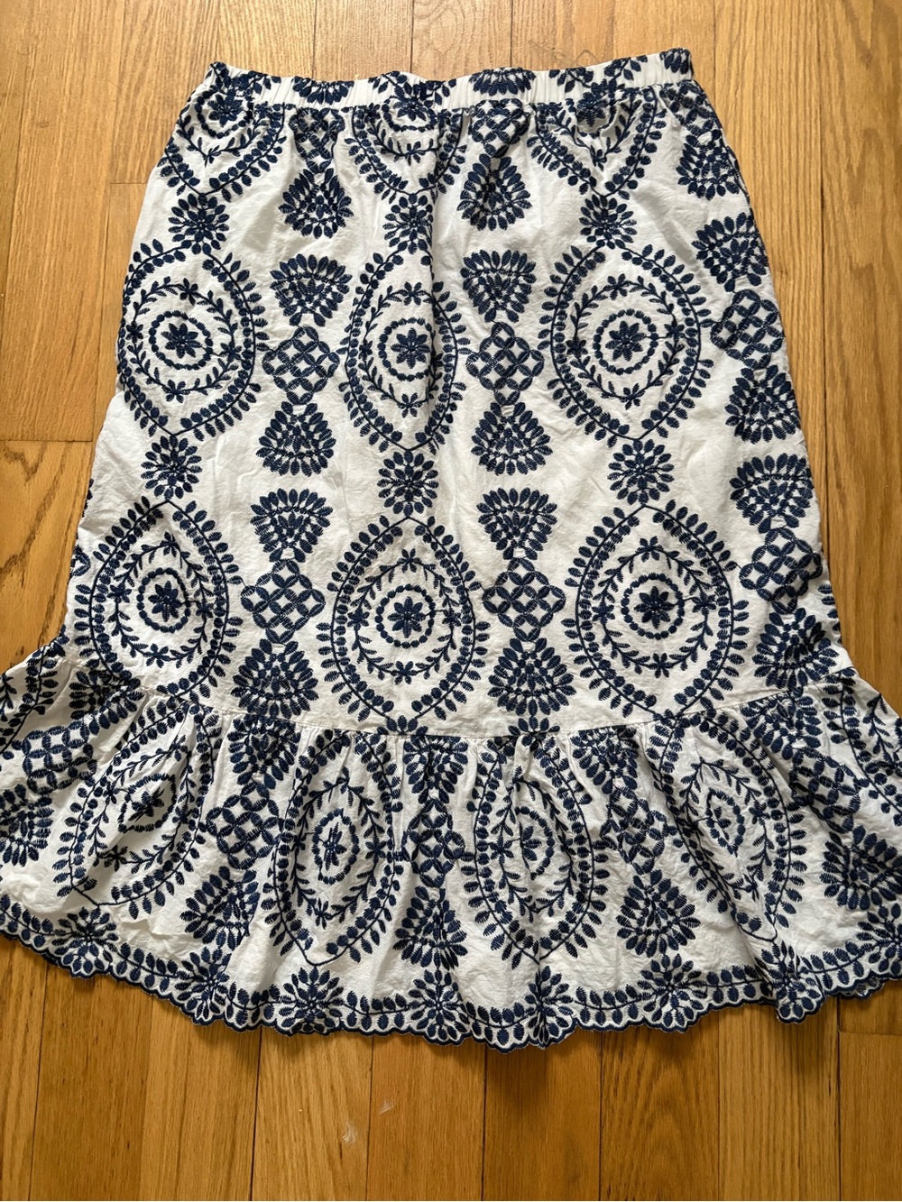 Adiva White Midi Skirt with Navy Embroidered Medallions